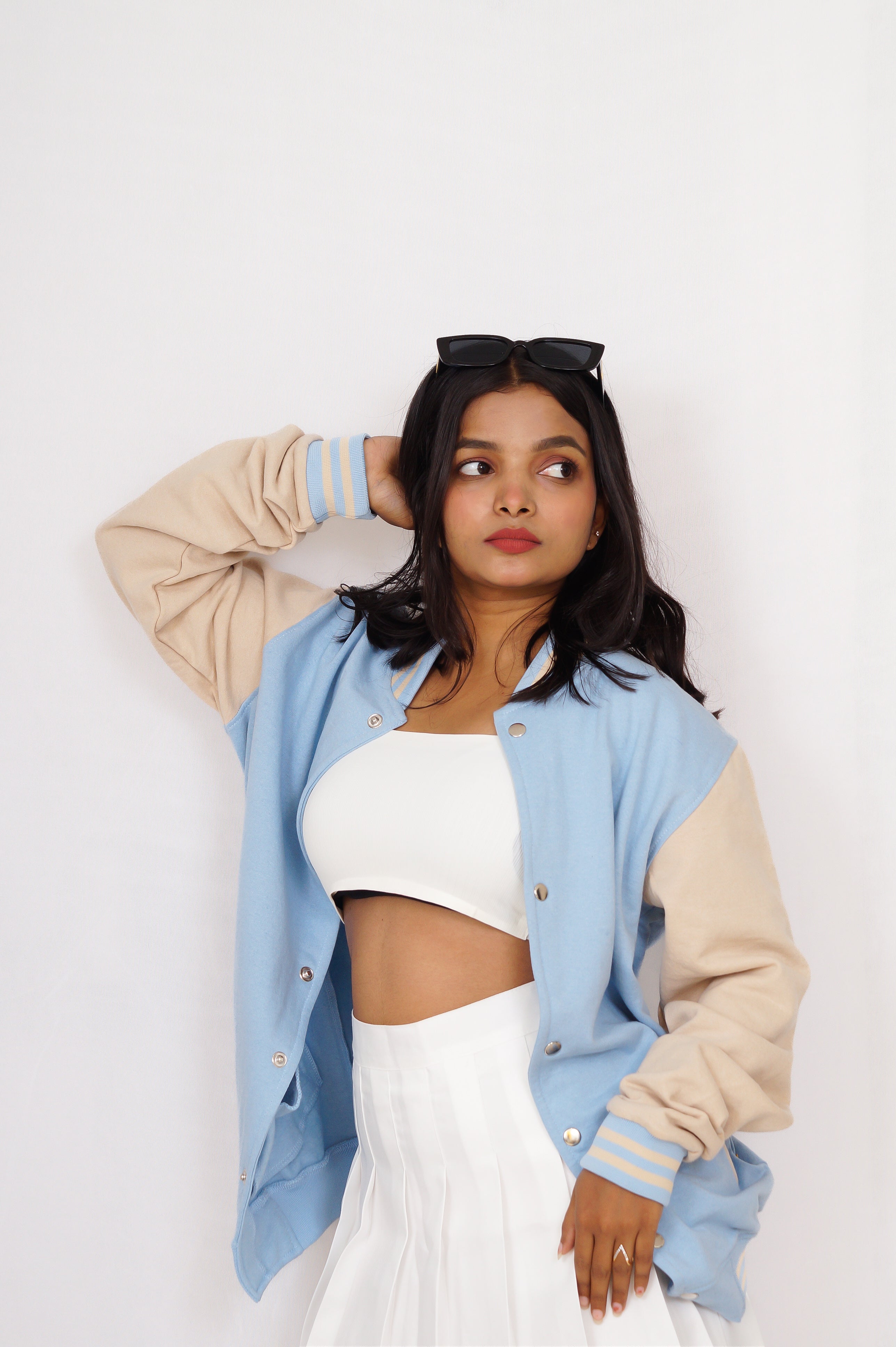 girl wearing the varsity jacket from usquare store