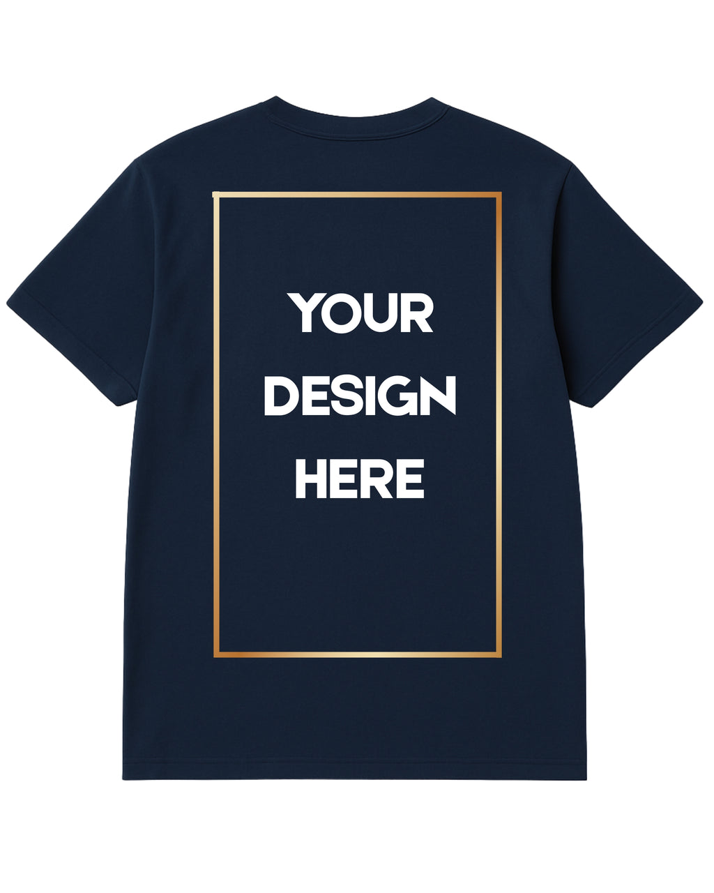 Navy blue t-shirt with a gold border and text placeholder on a white background