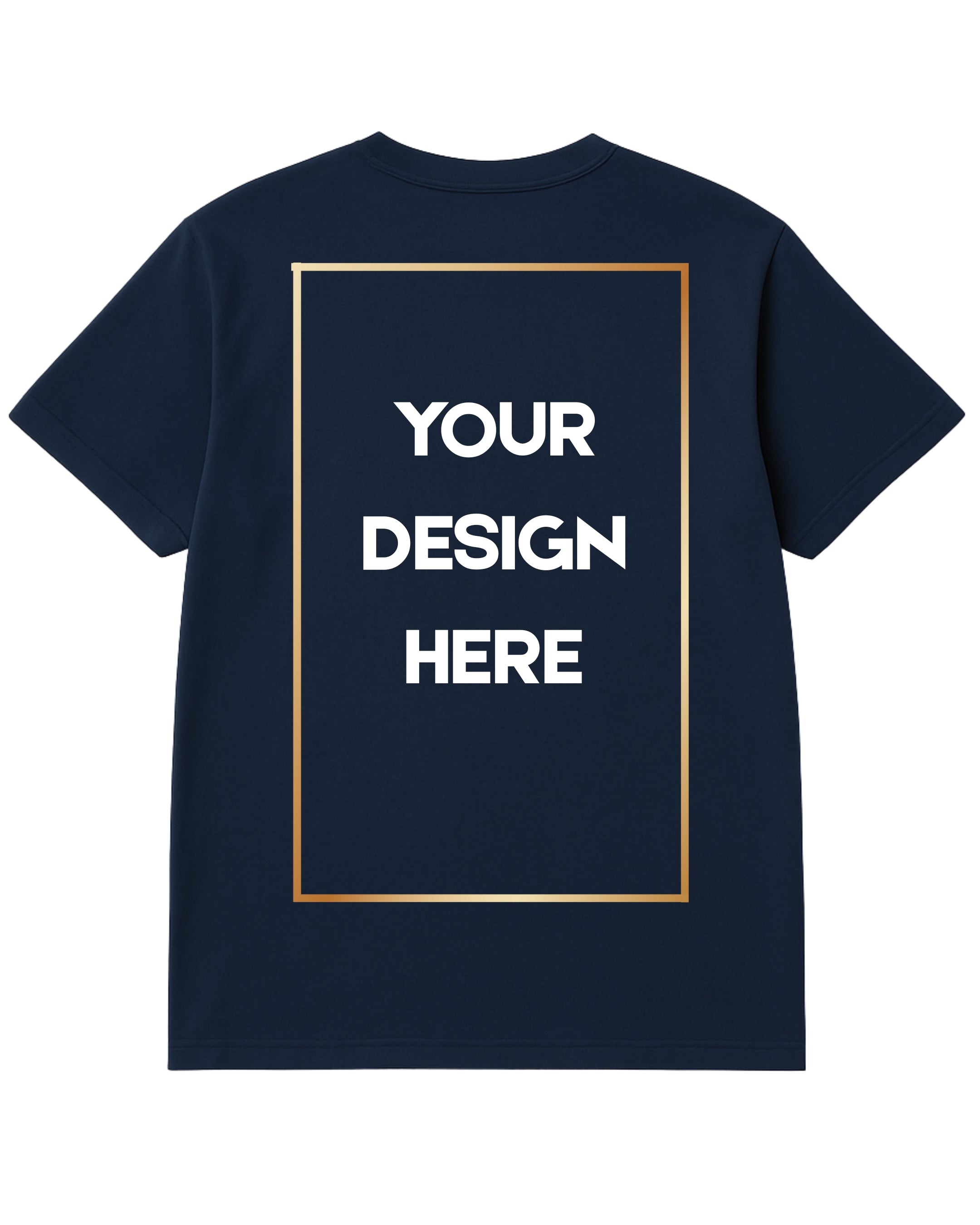 Navy blue t-shirt with a gold border and text placeholder on a white background