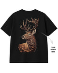 Black t-shirt with a deer graphic on a white background