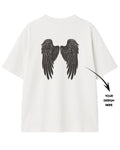 White t-shirt with black angel wings design on the back, ready for customization.