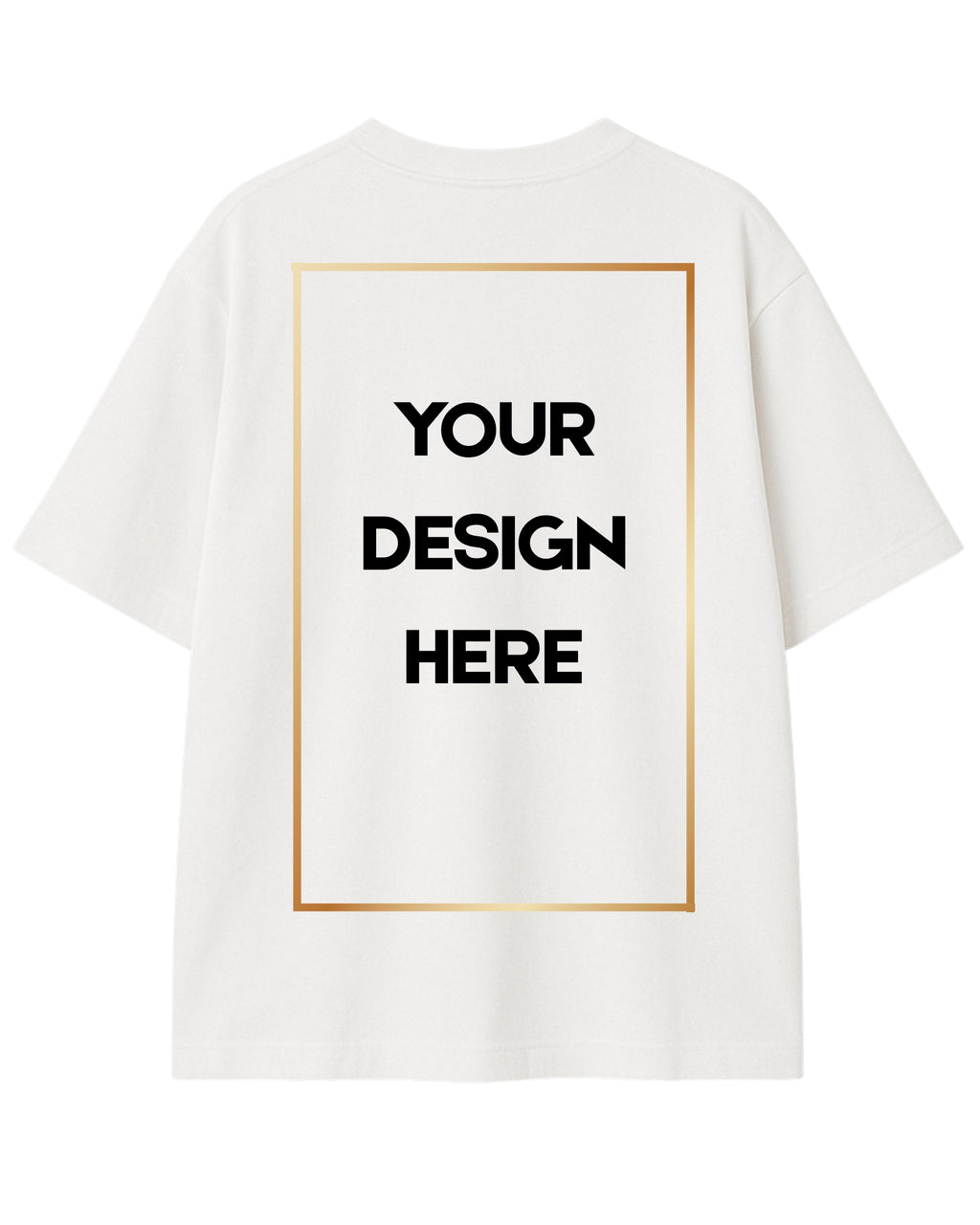White t-shirt with a gold border and text placeholder on a white background