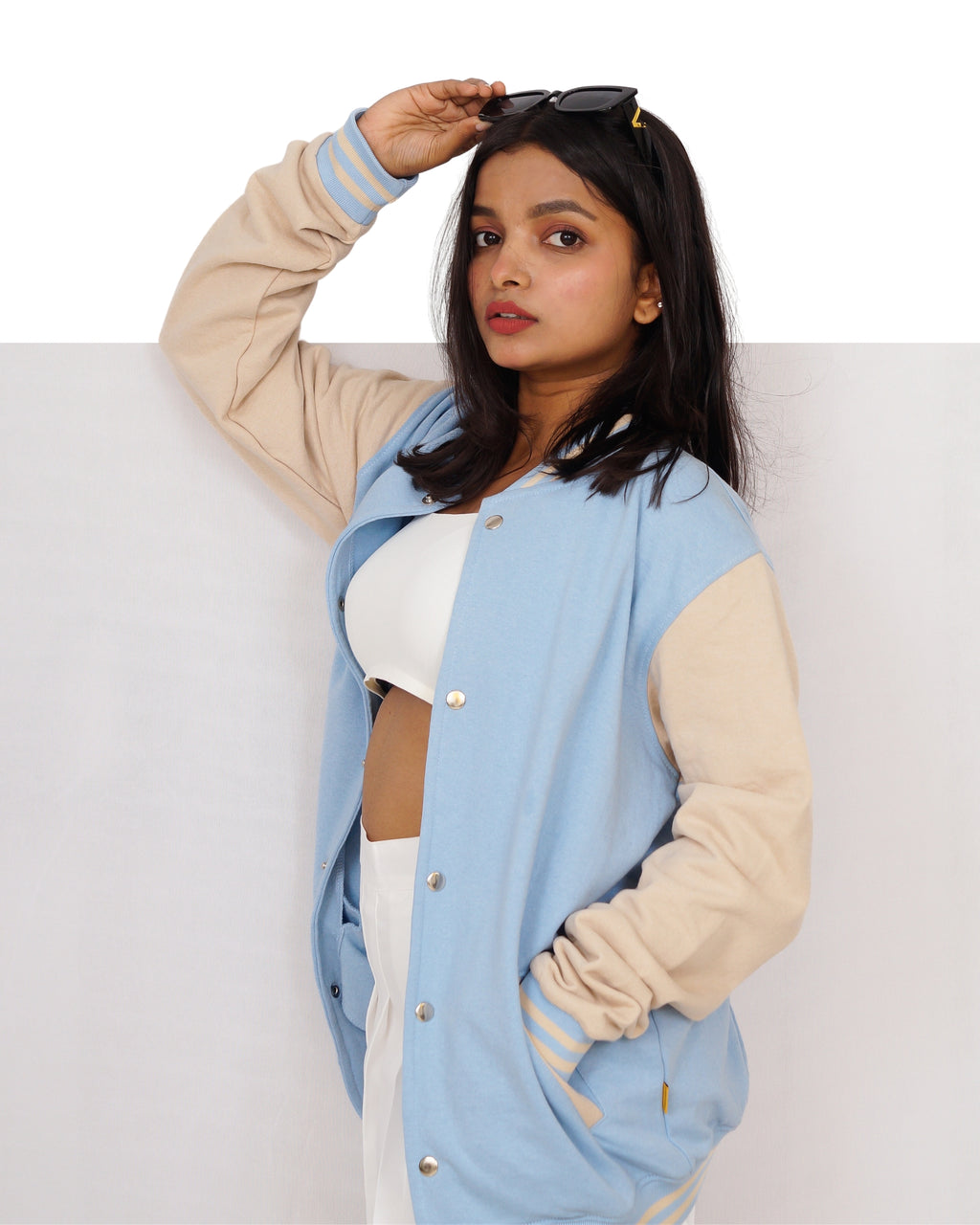 Pastel Blue & Beige Varsity Jacket