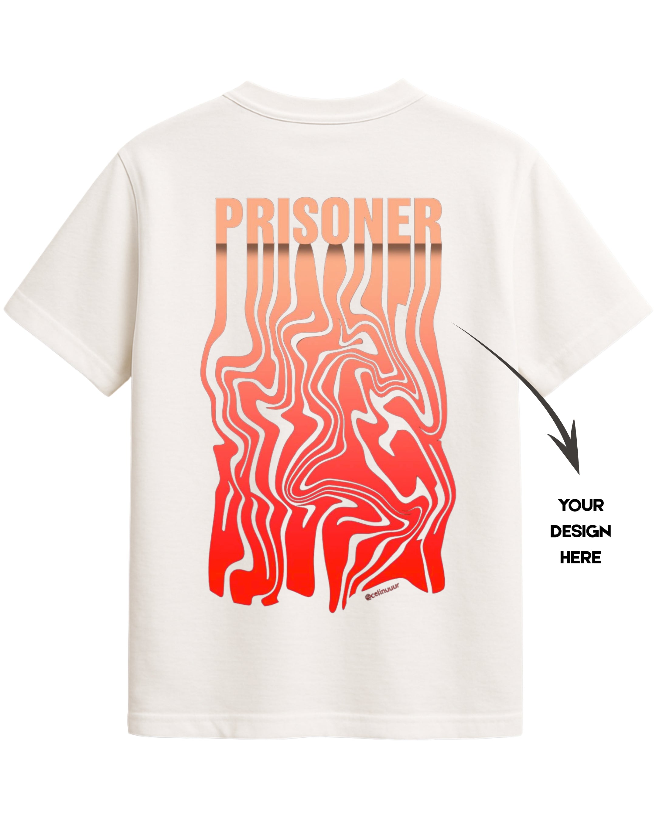 White t-shirt with red and orange abstract design on the back, labeled 'PRISONER' and space for customization.