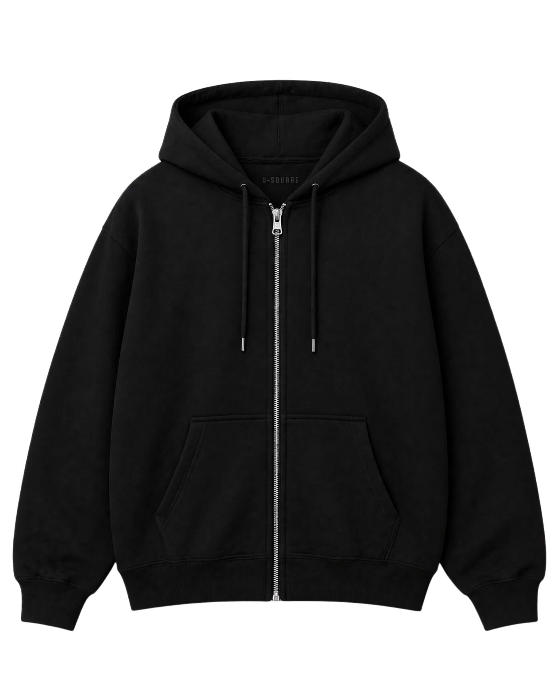 Black hoodie with a zipper on a white background