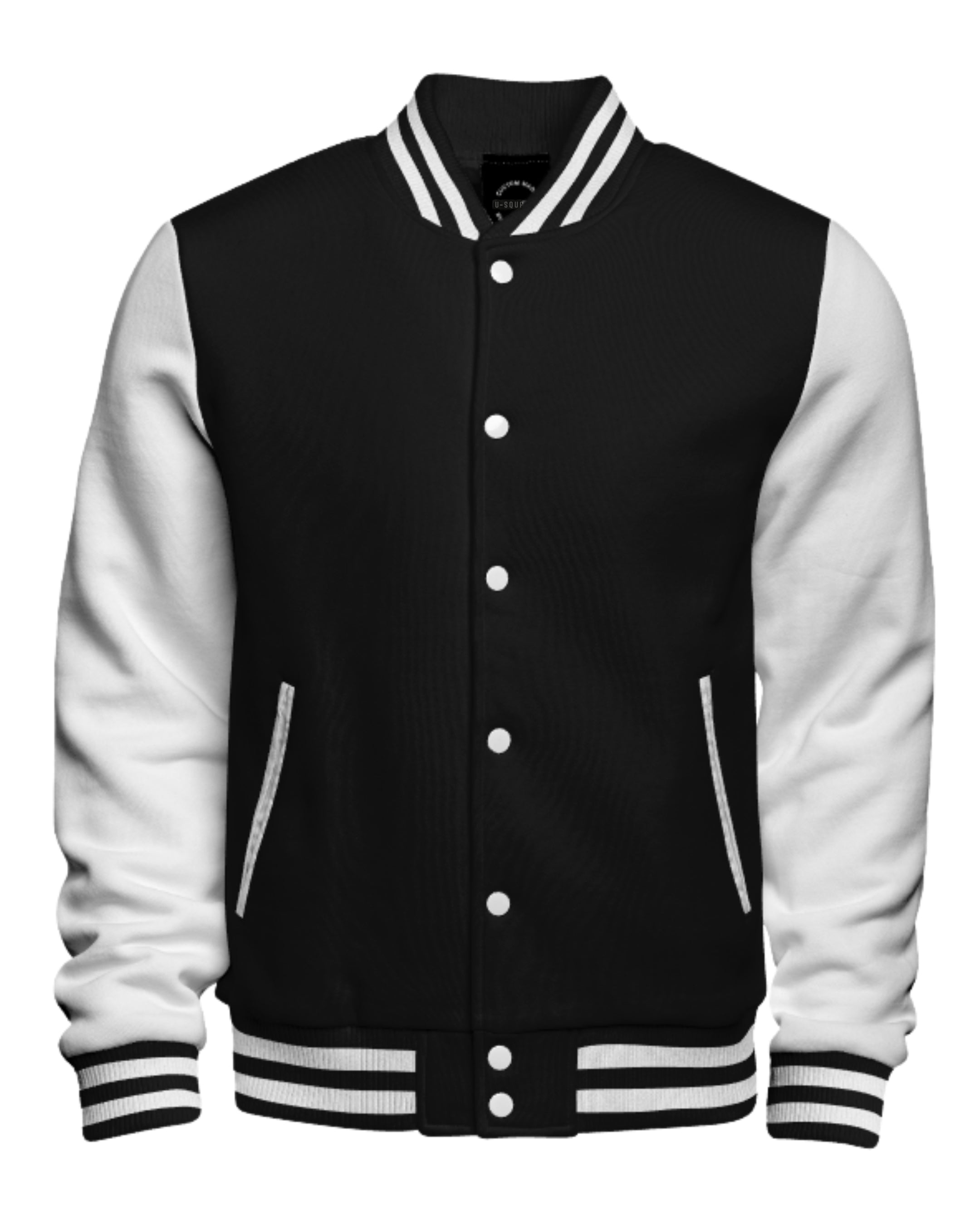 Black and white varsity jacket on a white background