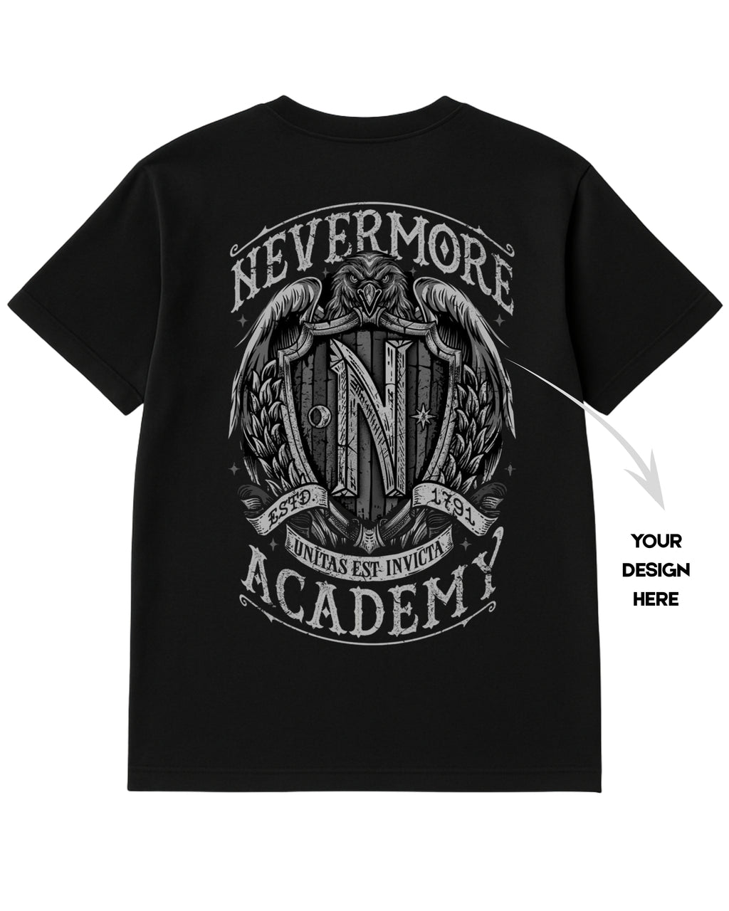 Black t-shirt with 'Nevermore Academy' design on a white background