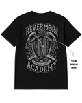 Black t-shirt with 'Nevermore Academy' design on a white background