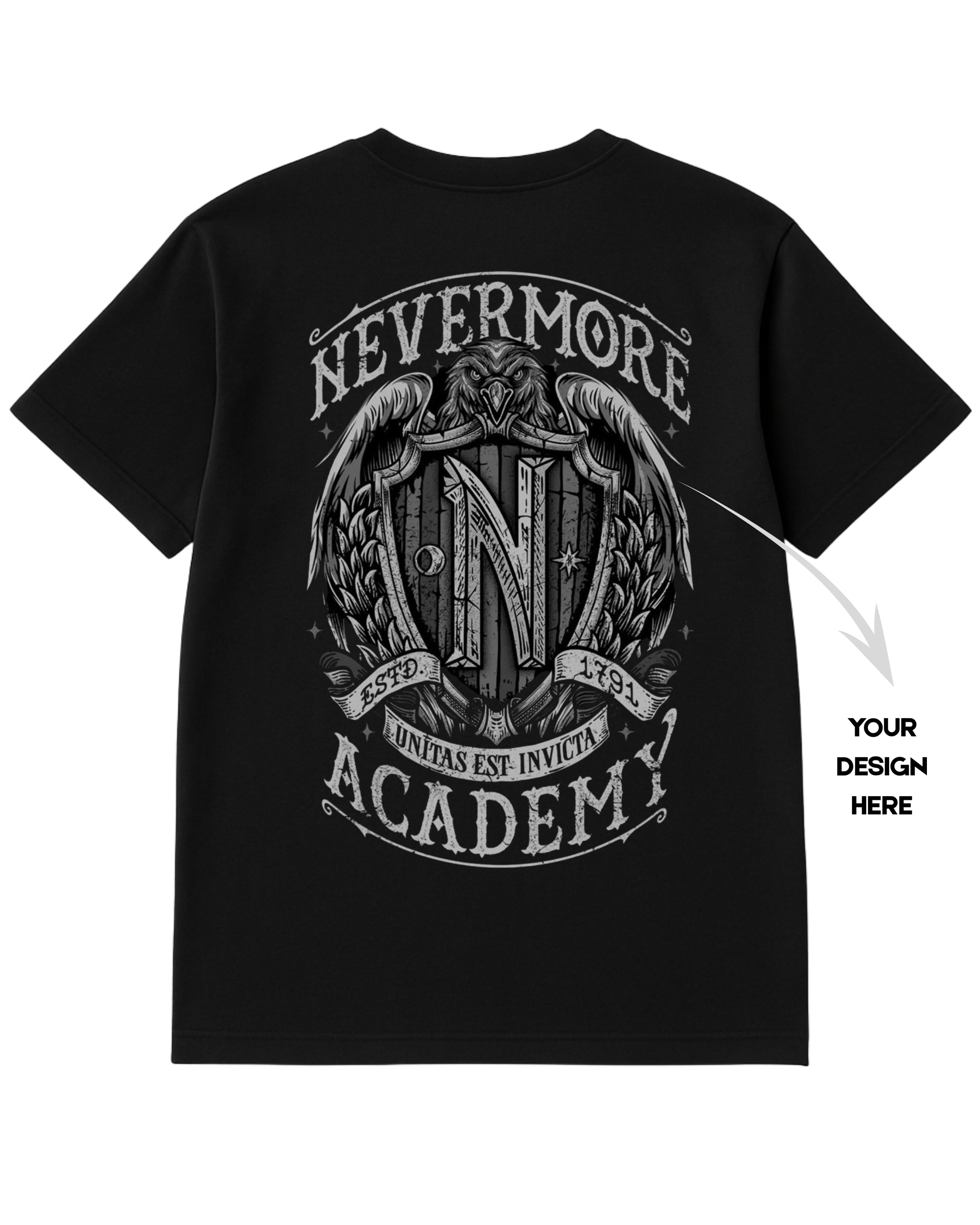 Black t-shirt with 'Nevermore Academy' design on a white background