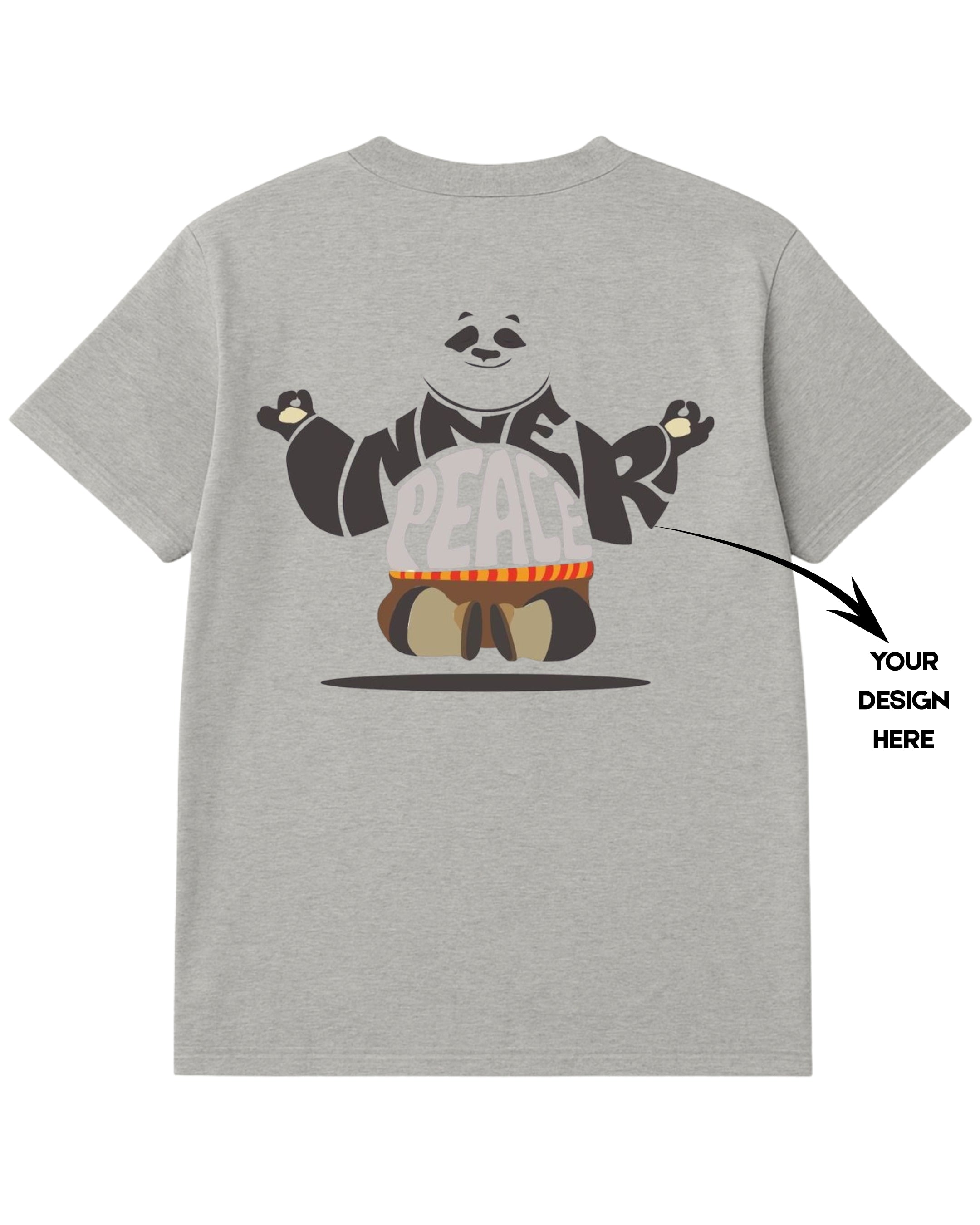 Gray t-shirt with a panda design on the back, ready for customization.