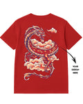Red t-shirt with a dragon design on the back, ready for customization.