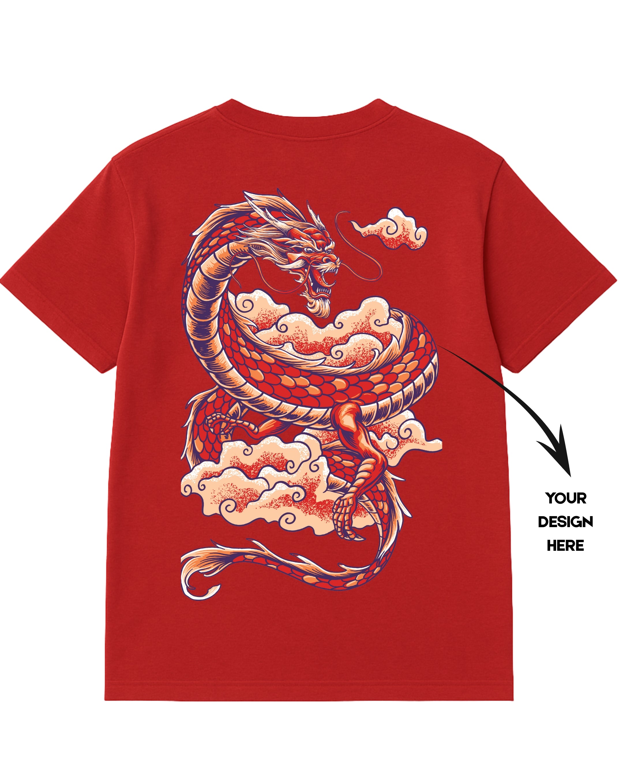 Red t-shirt with a dragon design on the back, ready for customization.