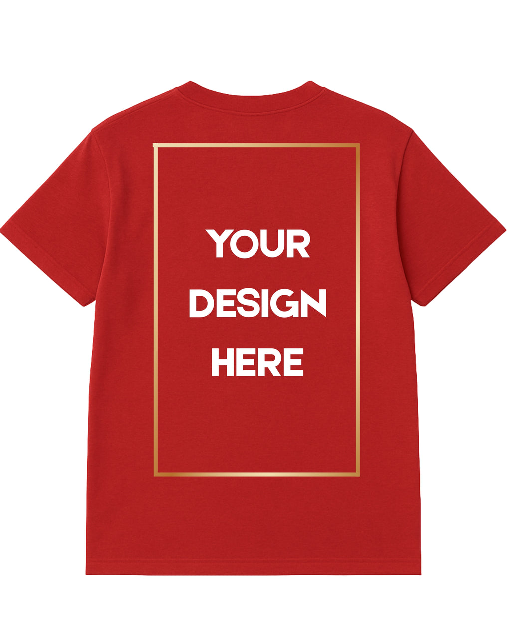 Red t-shirt with text 'Your Design Here' on a white background