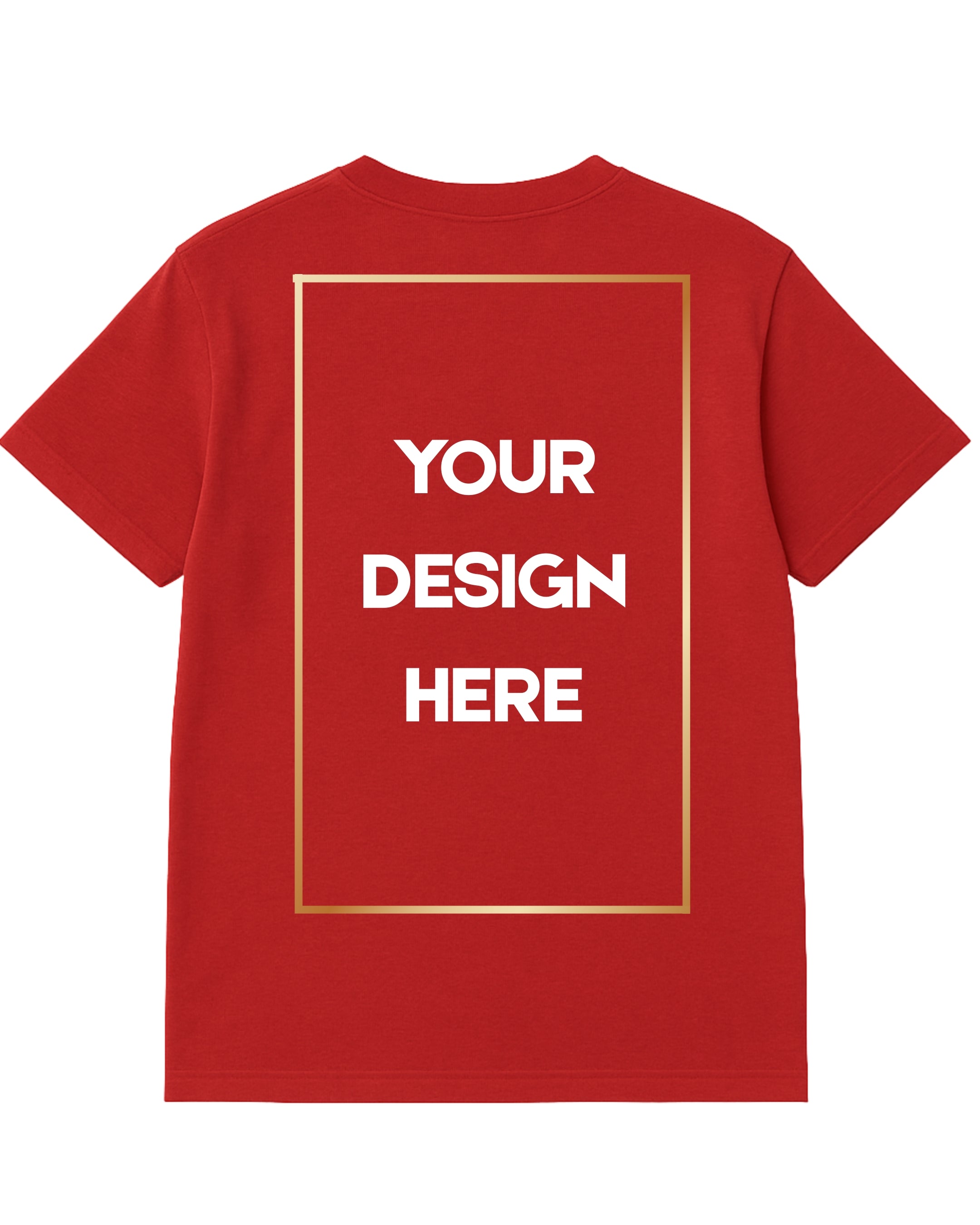 Red t-shirt with text 'Your Design Here' on a white background