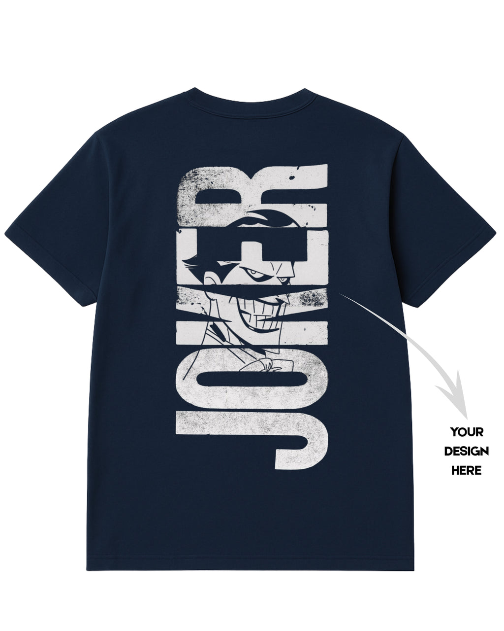 Navy blue t-shirt with white 'JOKER' graphic design on a white background