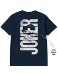 Navy blue t-shirt with white 'JOKER' graphic design on a white background
