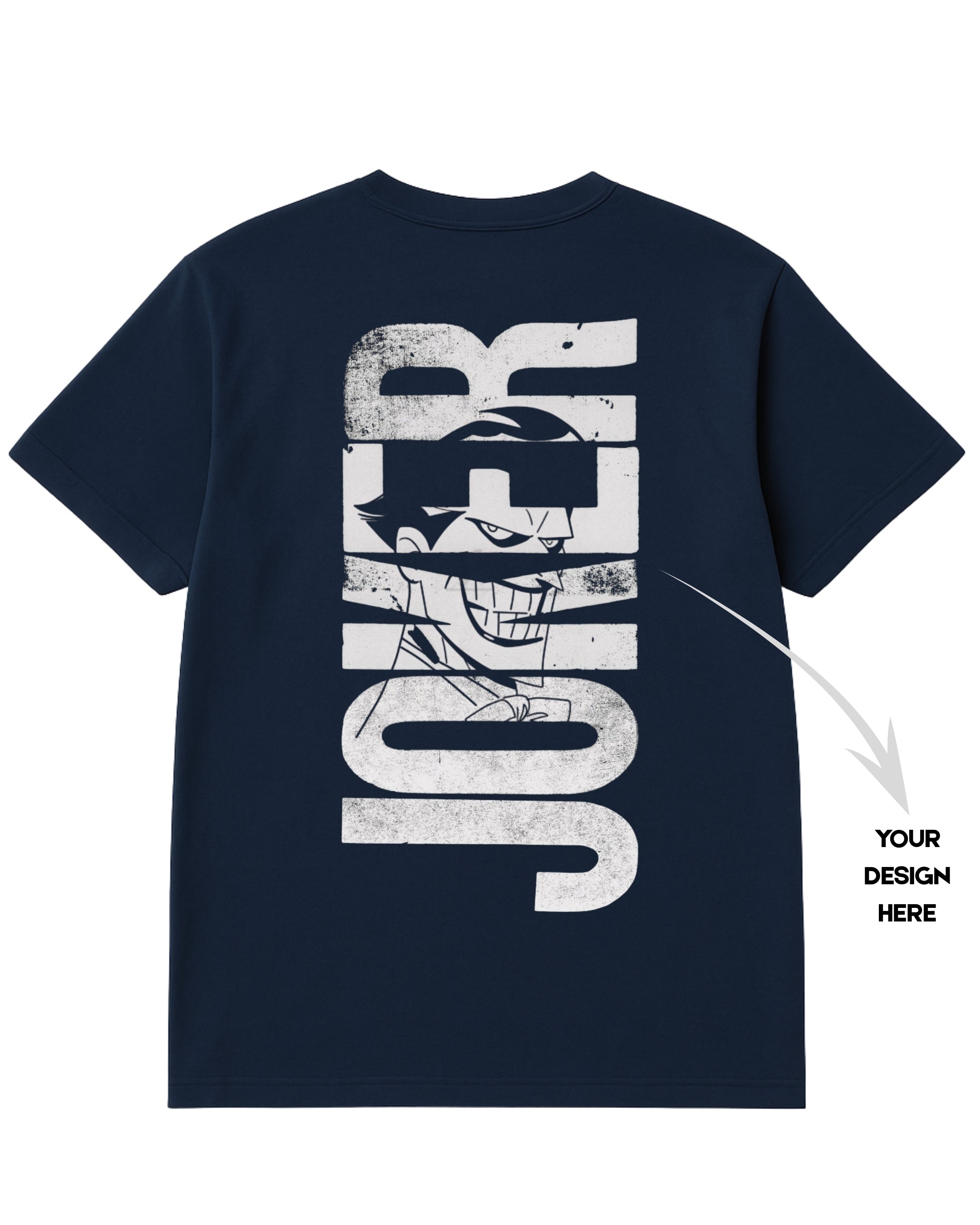 Navy blue t-shirt with white 'JOKER' graphic design on a white background