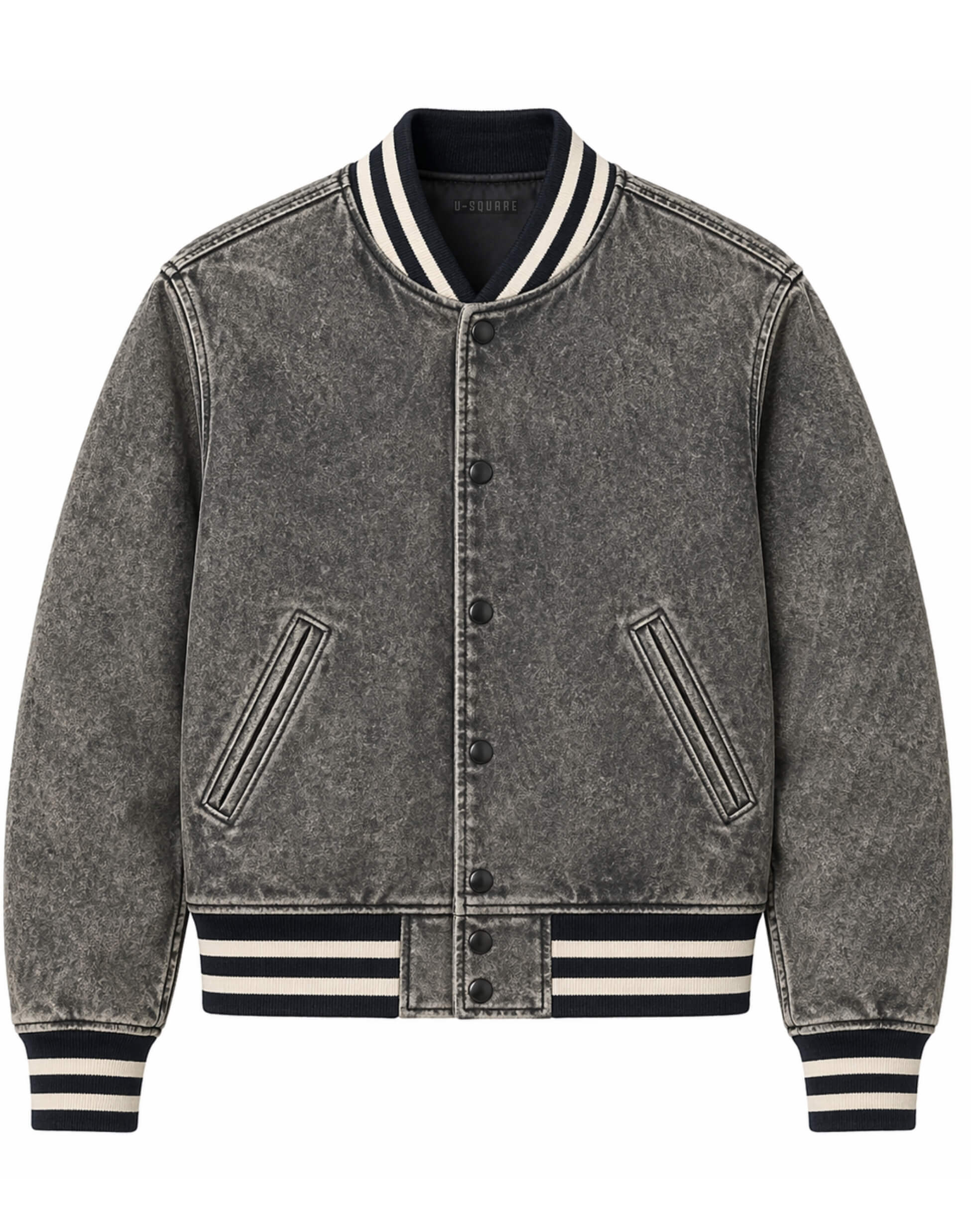 Gray denim jacket with black and white striped accents on a white background