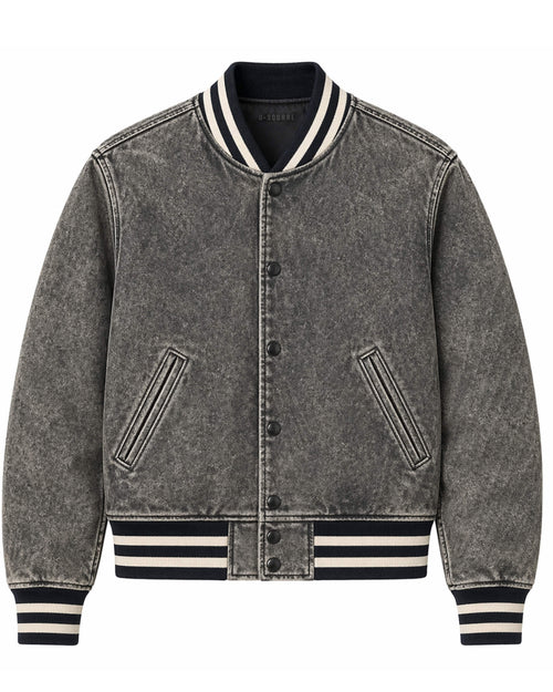 Gray denim jacket with black and white striped accents on a white background