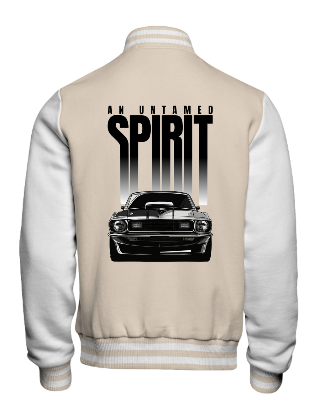 Varsity jacket with a graphic of a car and text 'An Untamed Spirit' on the back.