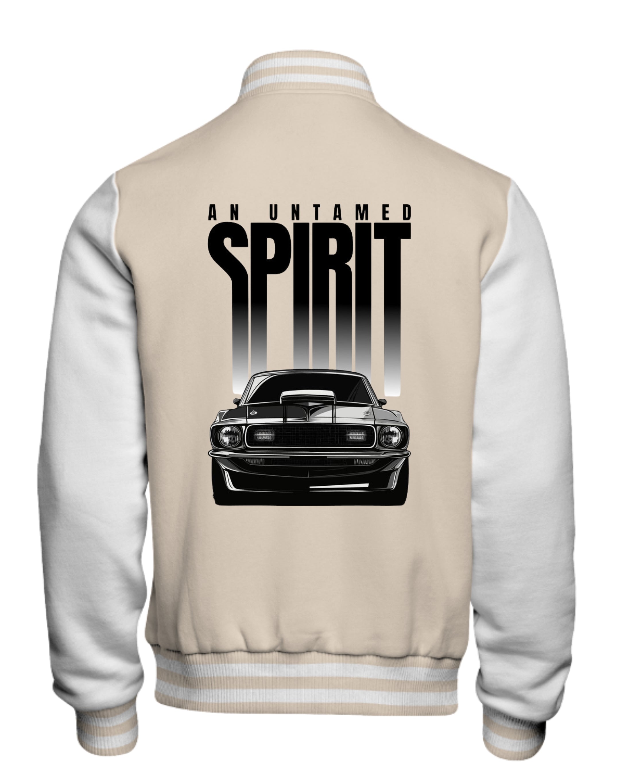 Varsity jacket with a graphic of a car and text 'An Untamed Spirit' on the back.