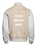 Beige and white varsity jacket with customizable text area on the back