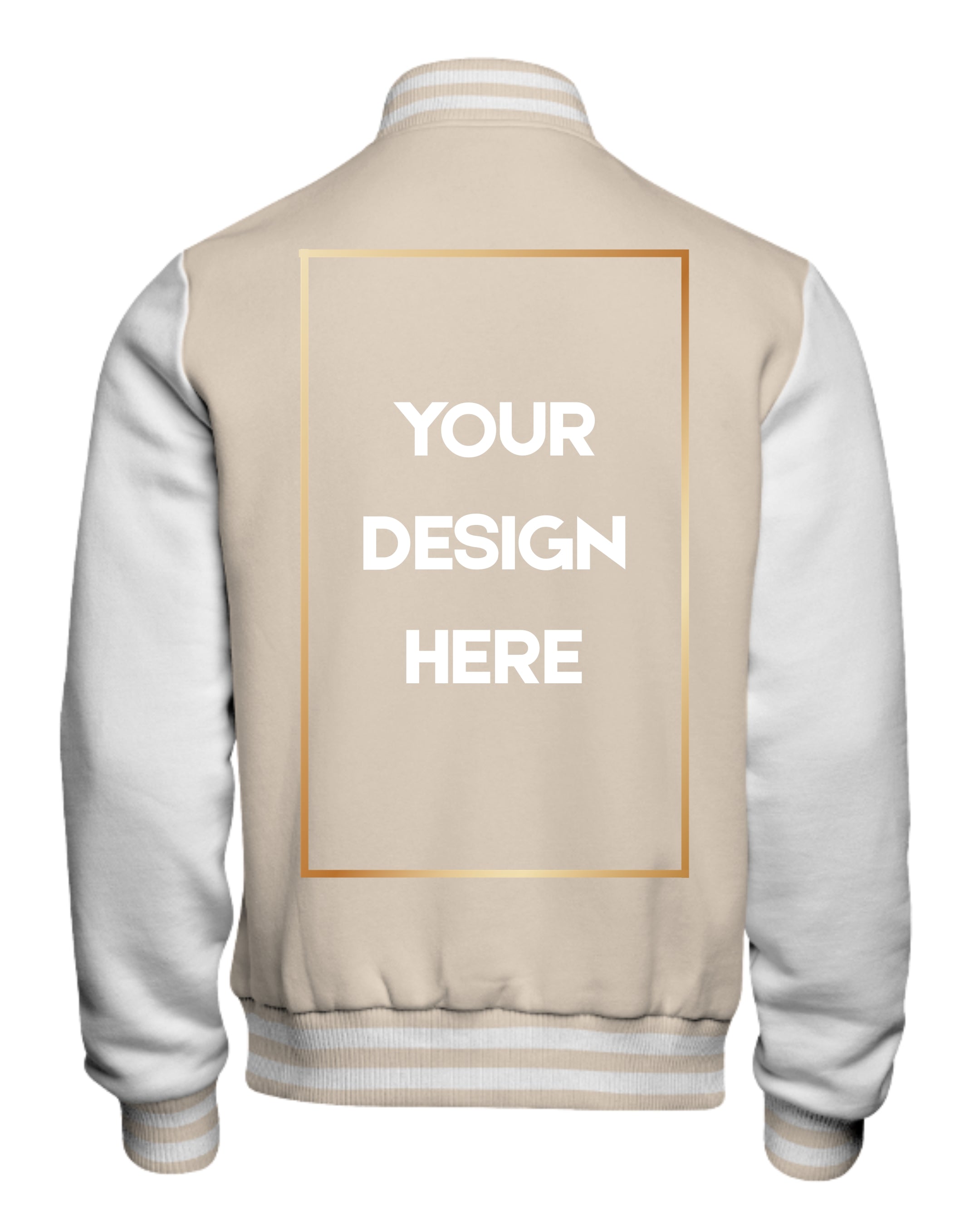 Beige and white varsity jacket with customizable text area on the back