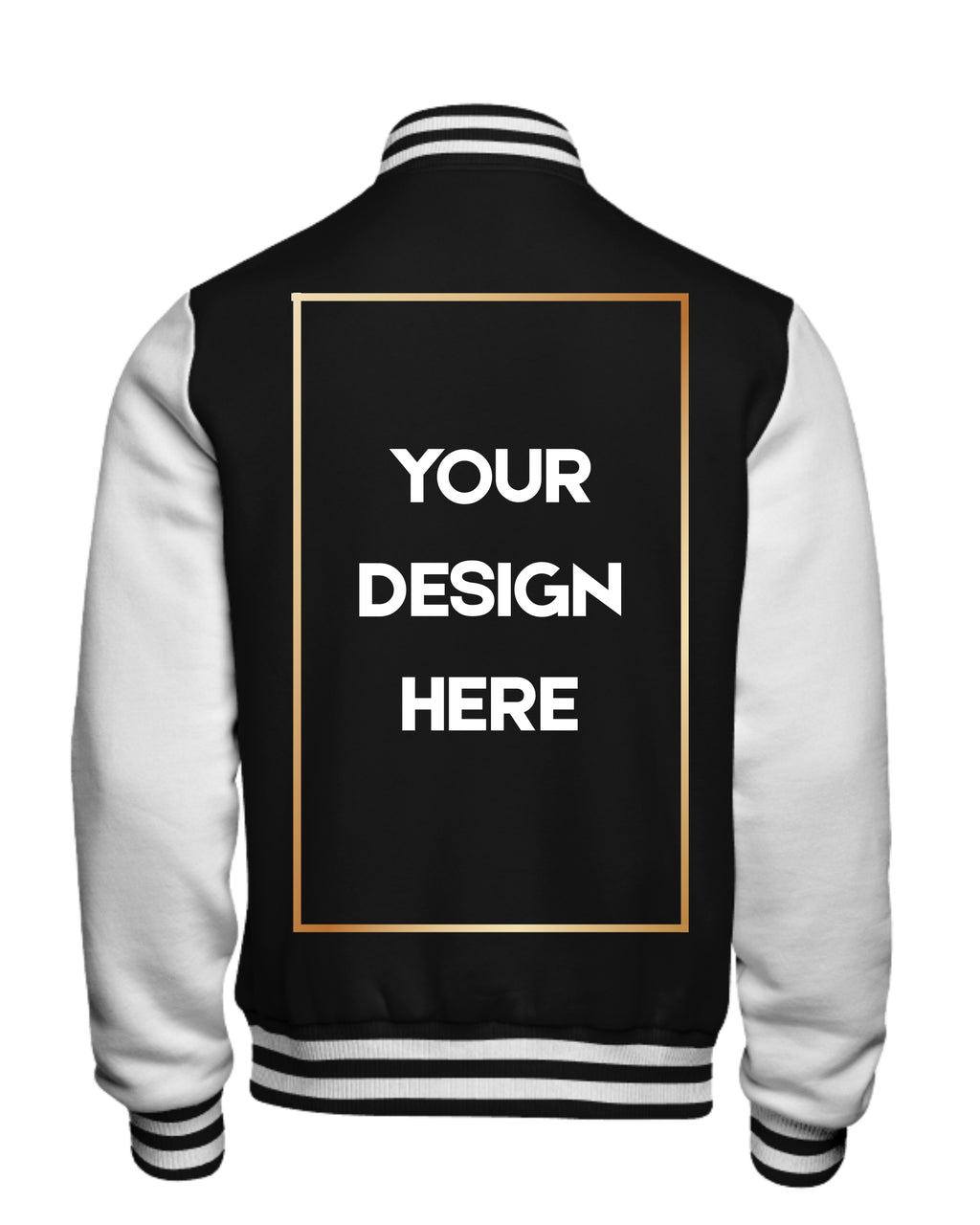 Black and white varsity jacket with customizable text area on a white background