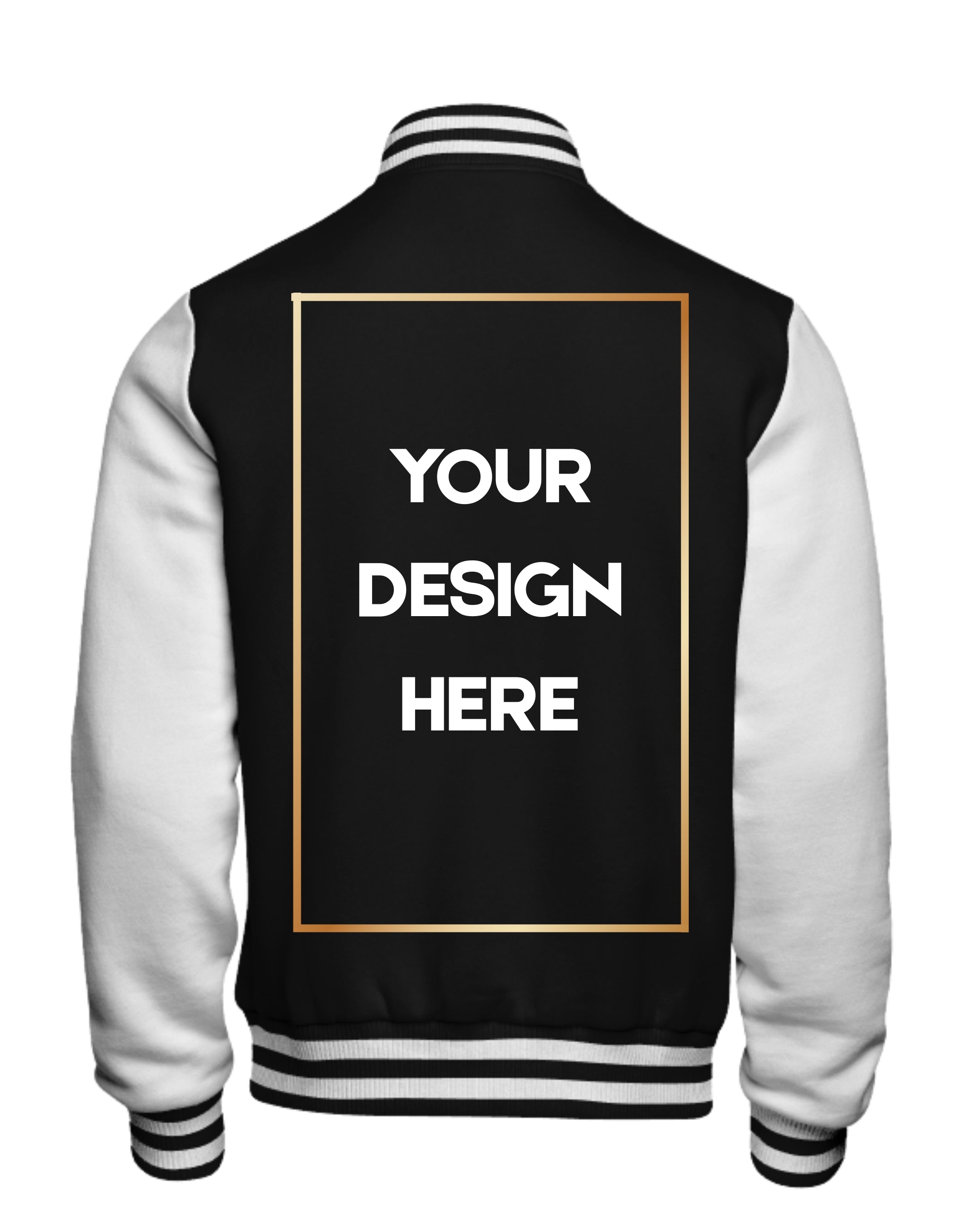 Black and white varsity jacket with customizable text area on a white background