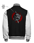 Black and white varsity jacket with a design on the back featuring two fish in a circle.