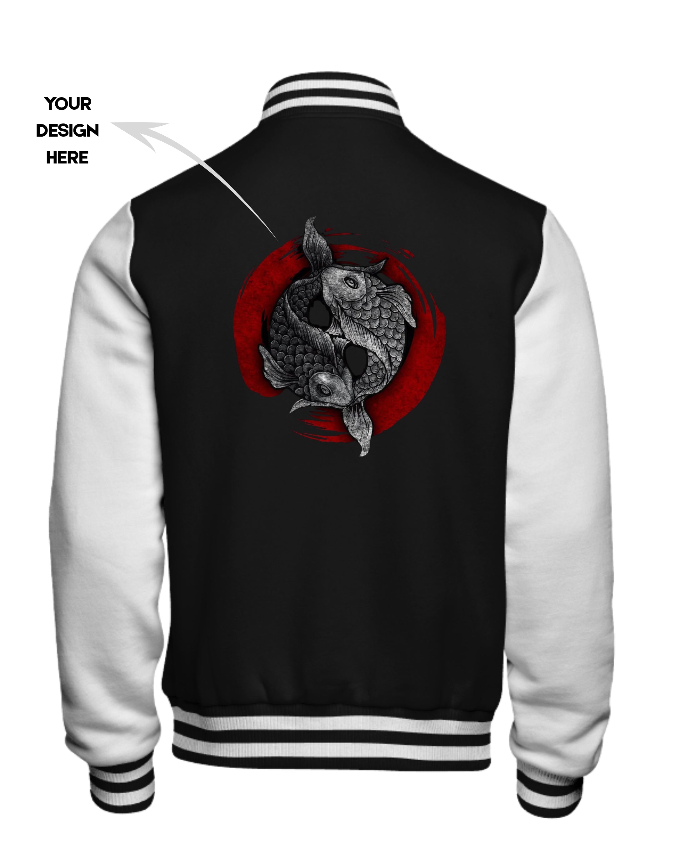 Black and white varsity jacket with a design on the back featuring two fish in a circle.