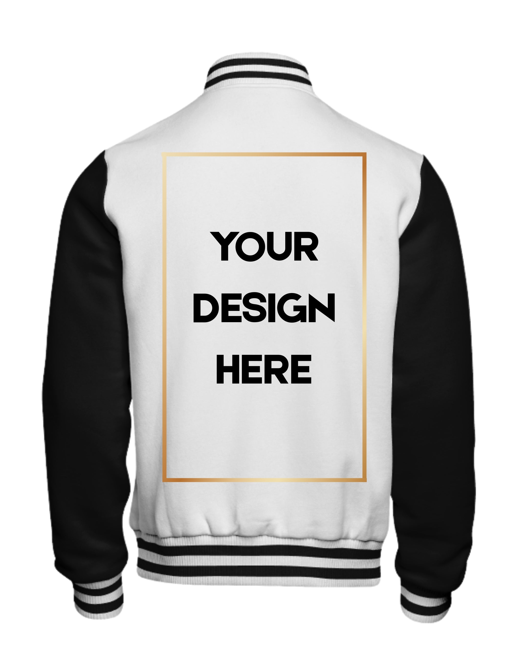 White and black varsity jacket with customizable text area on the back