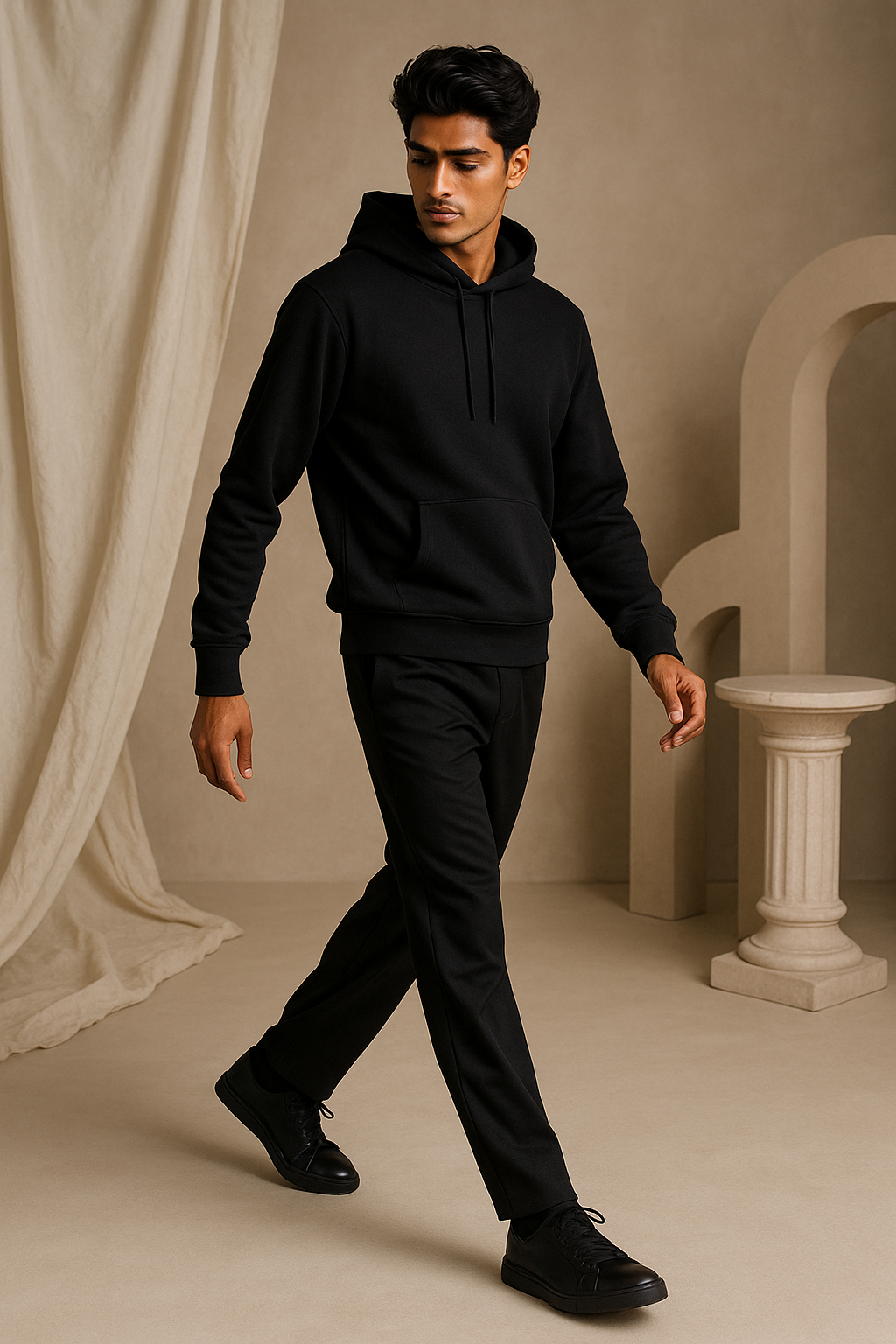 Man wearing a black hoodie and pants walking in a neutral-colored room.