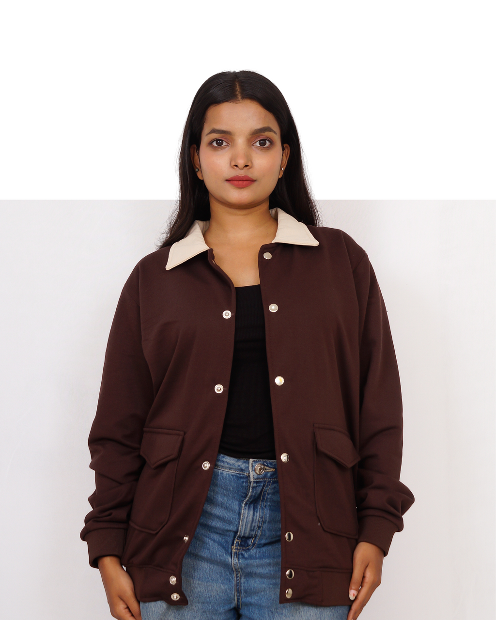 a women wearing Brown Collared Varsity Jacket