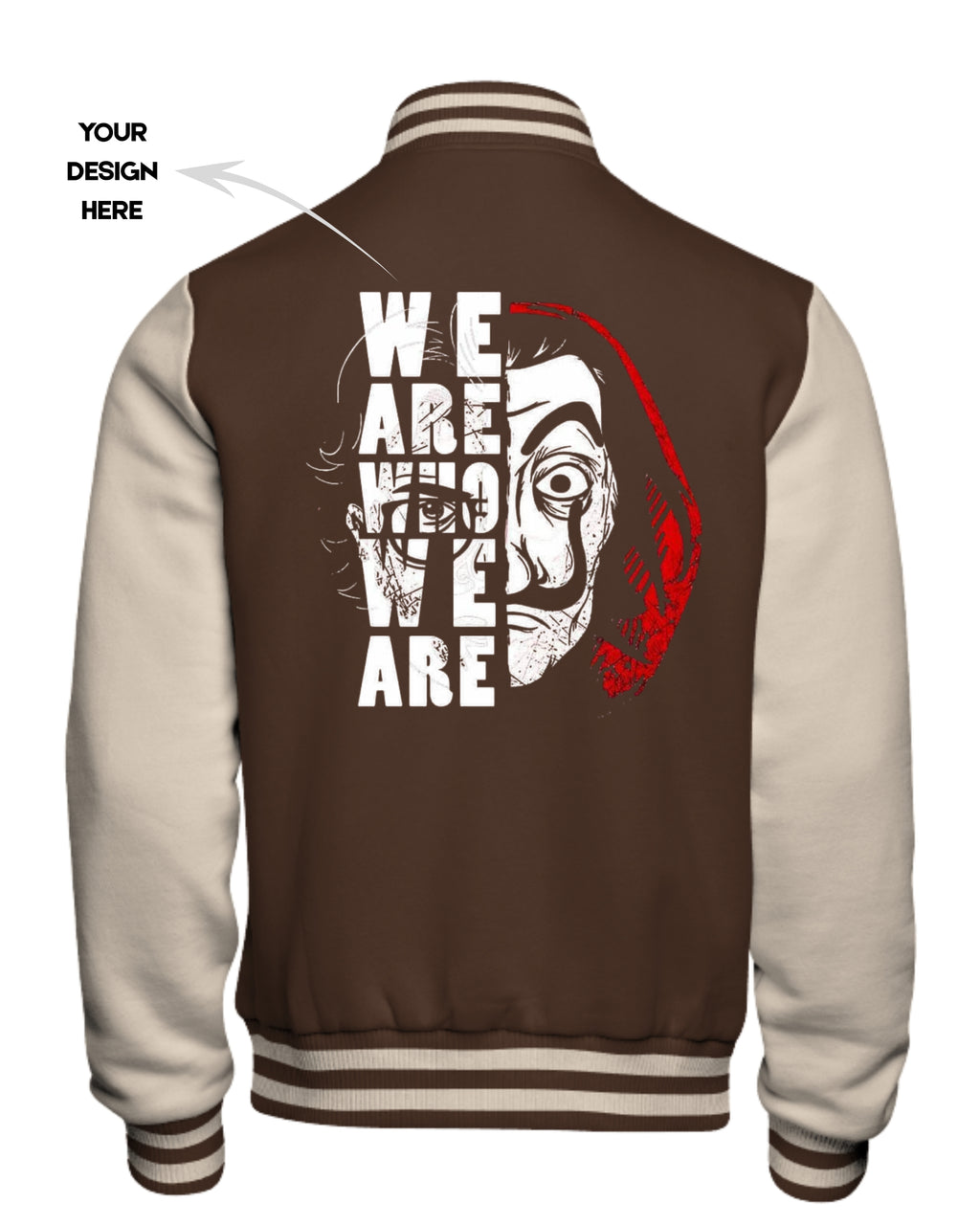 Brown and beige varsity jacket with graphic design on the back