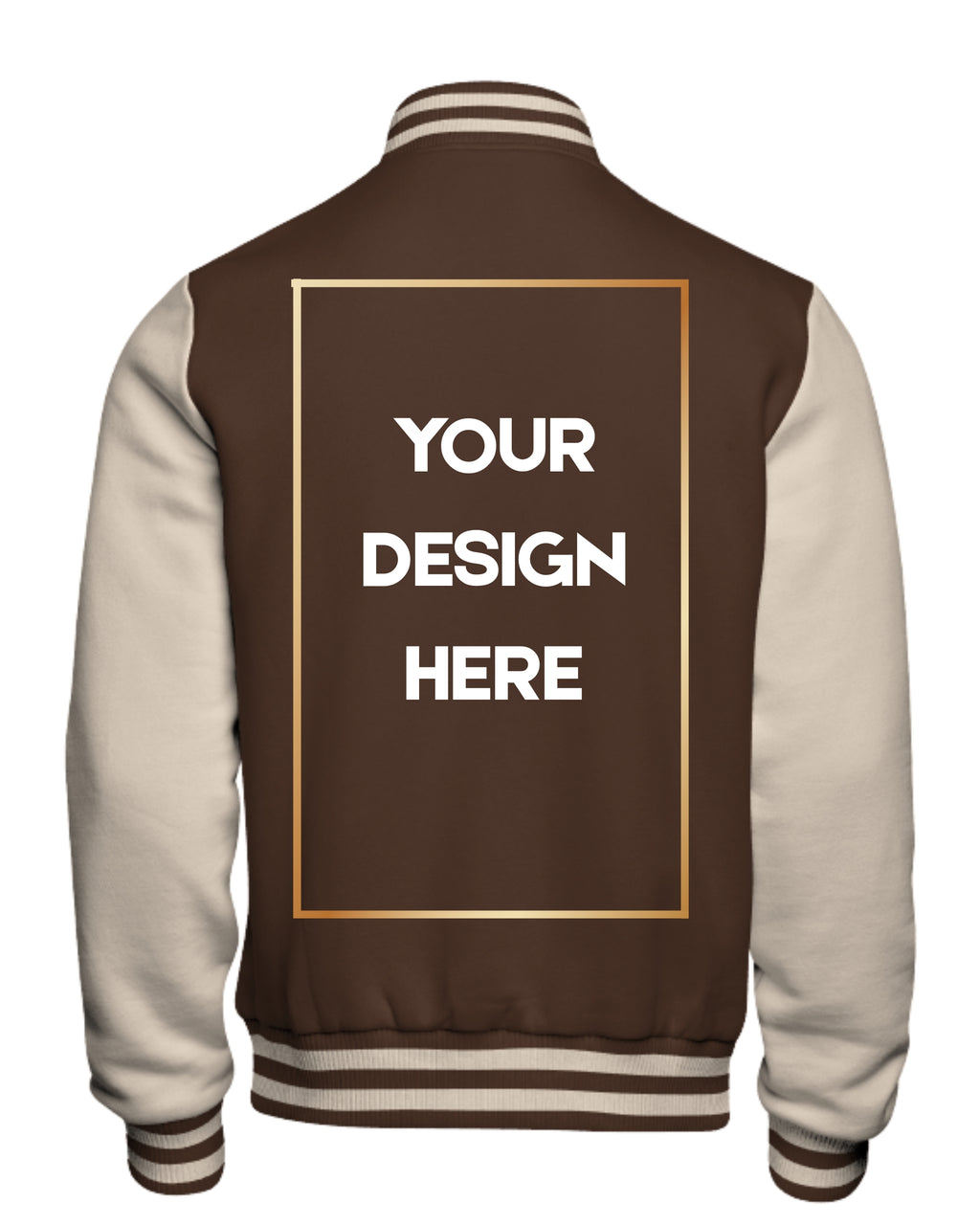 Brown and beige varsity jacket with customizable back design area on a white background