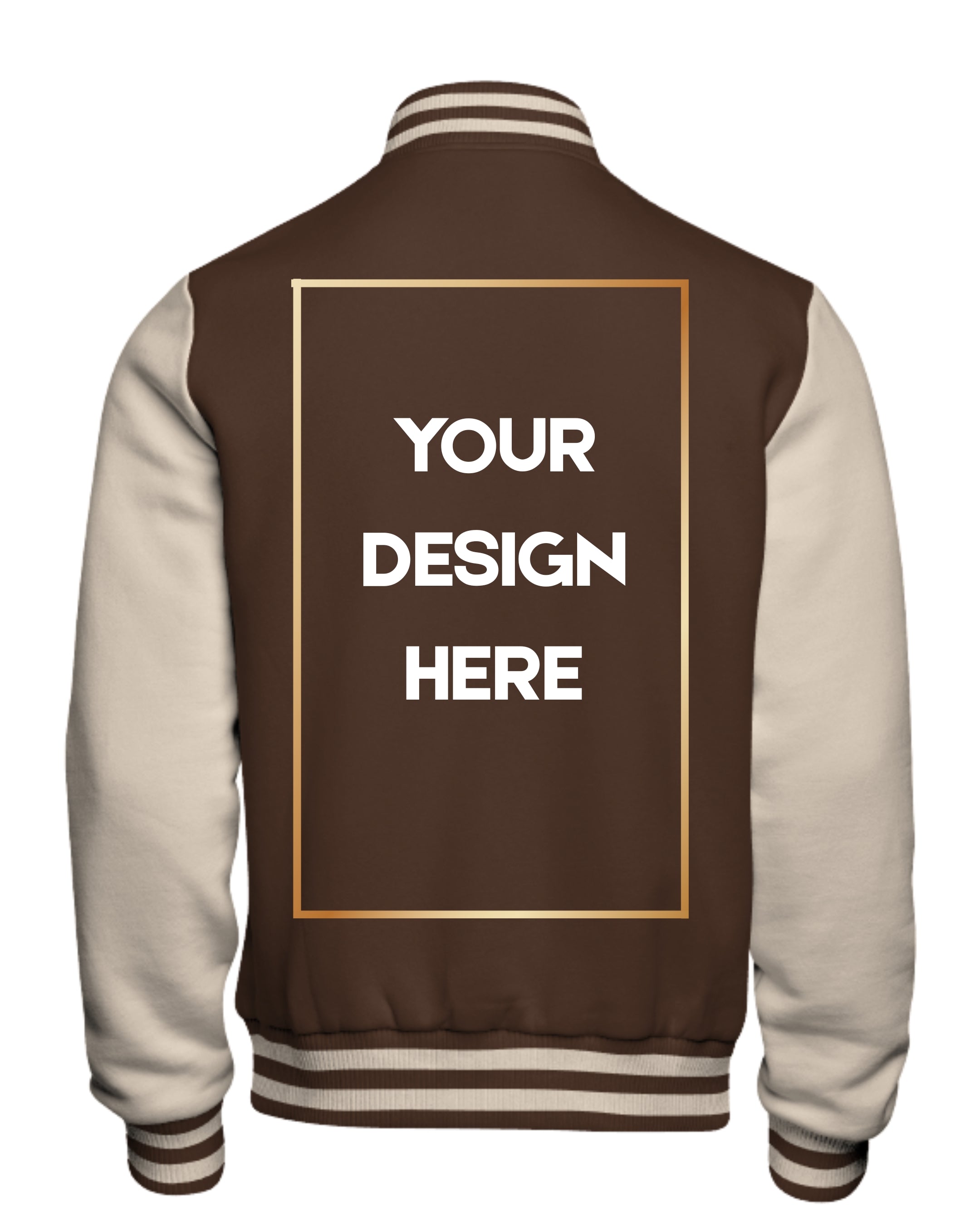 Brown and beige varsity jacket with customizable back design area on a white background