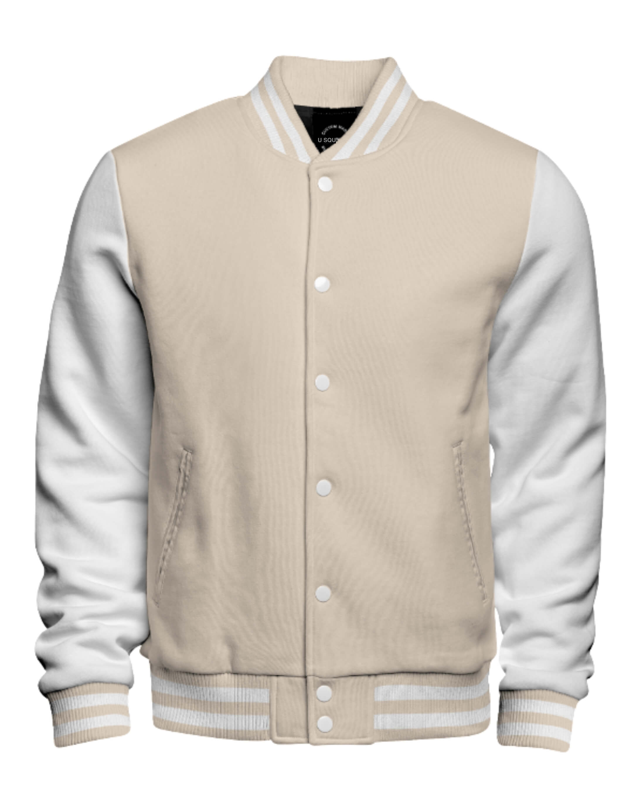 Beige and white varsity jacket on a white background
