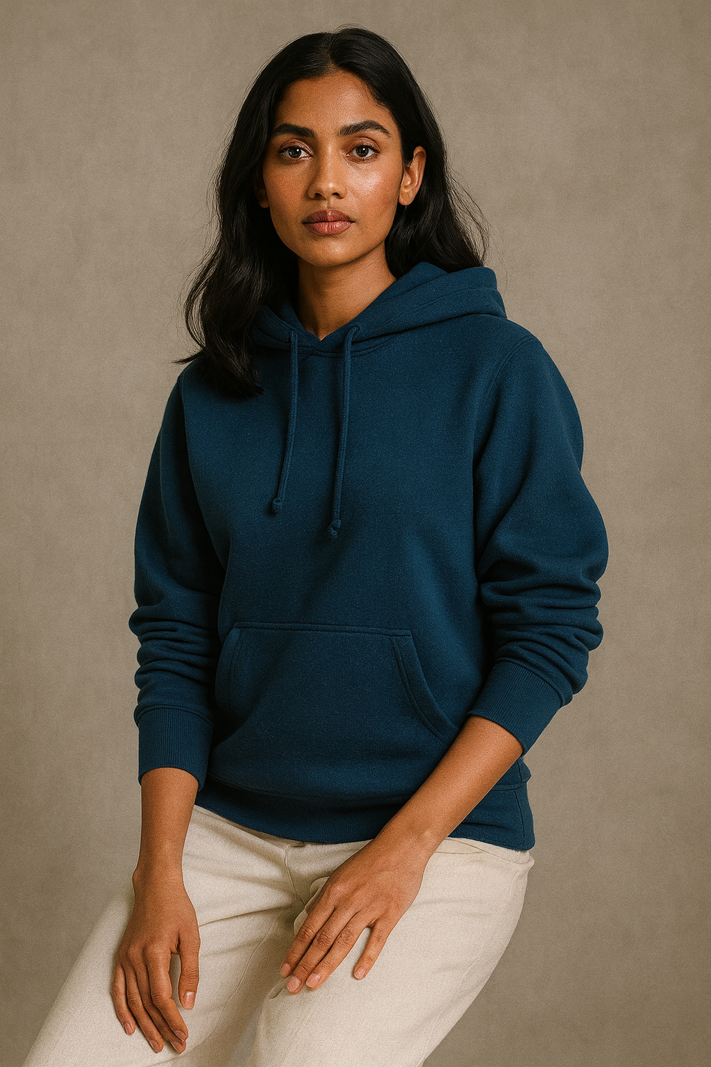 Woman wearing a blue hoodie against a beige background
