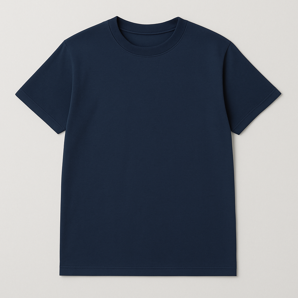 Navy blue t-shirt on a light gray background