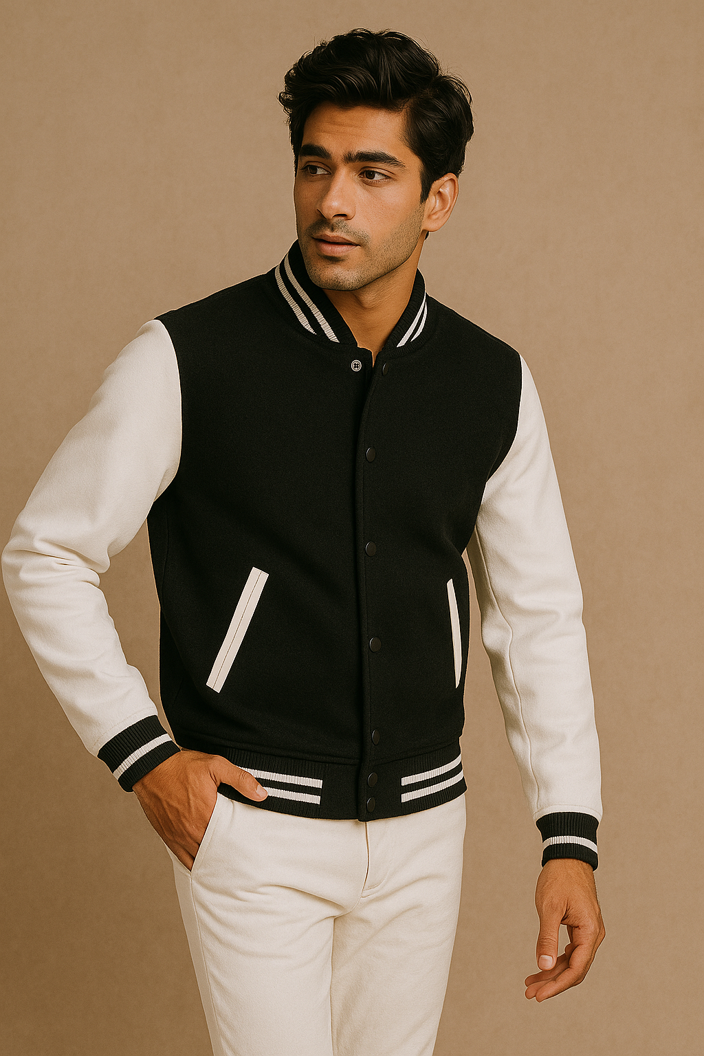 Man wearing a black and white varsity jacket on a beige background