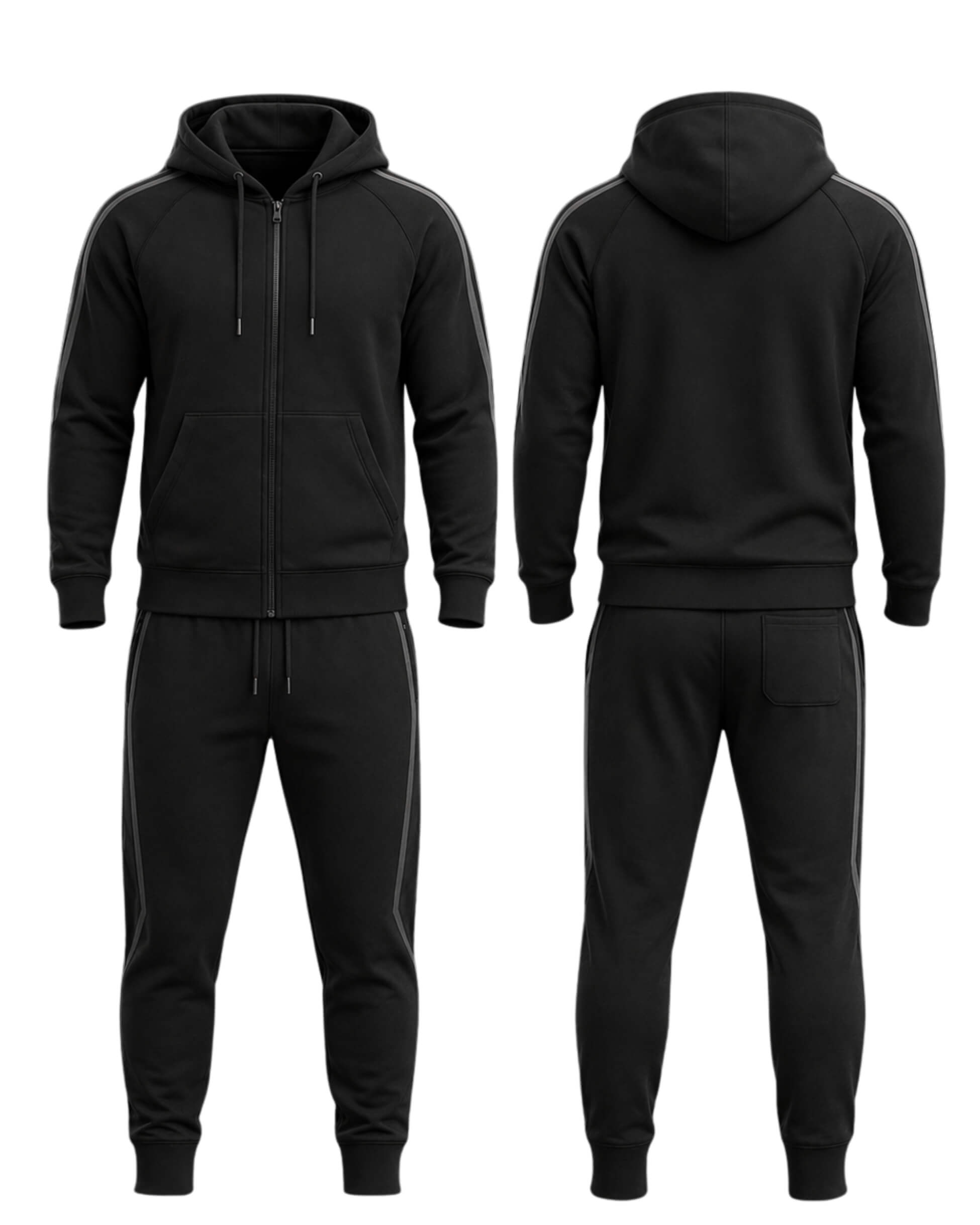 Black tracksuit shown from front and back on a white background