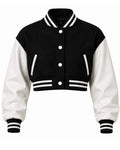 Black and white varsity jacket on a white background