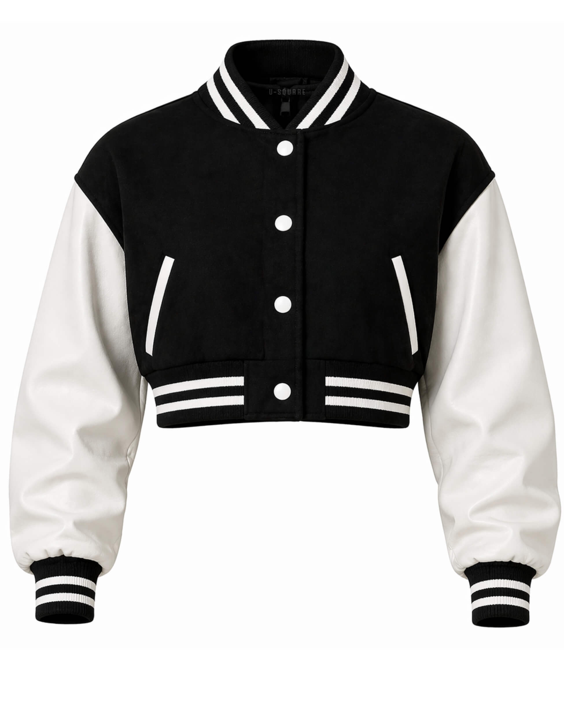 Black and white varsity jacket on a white background