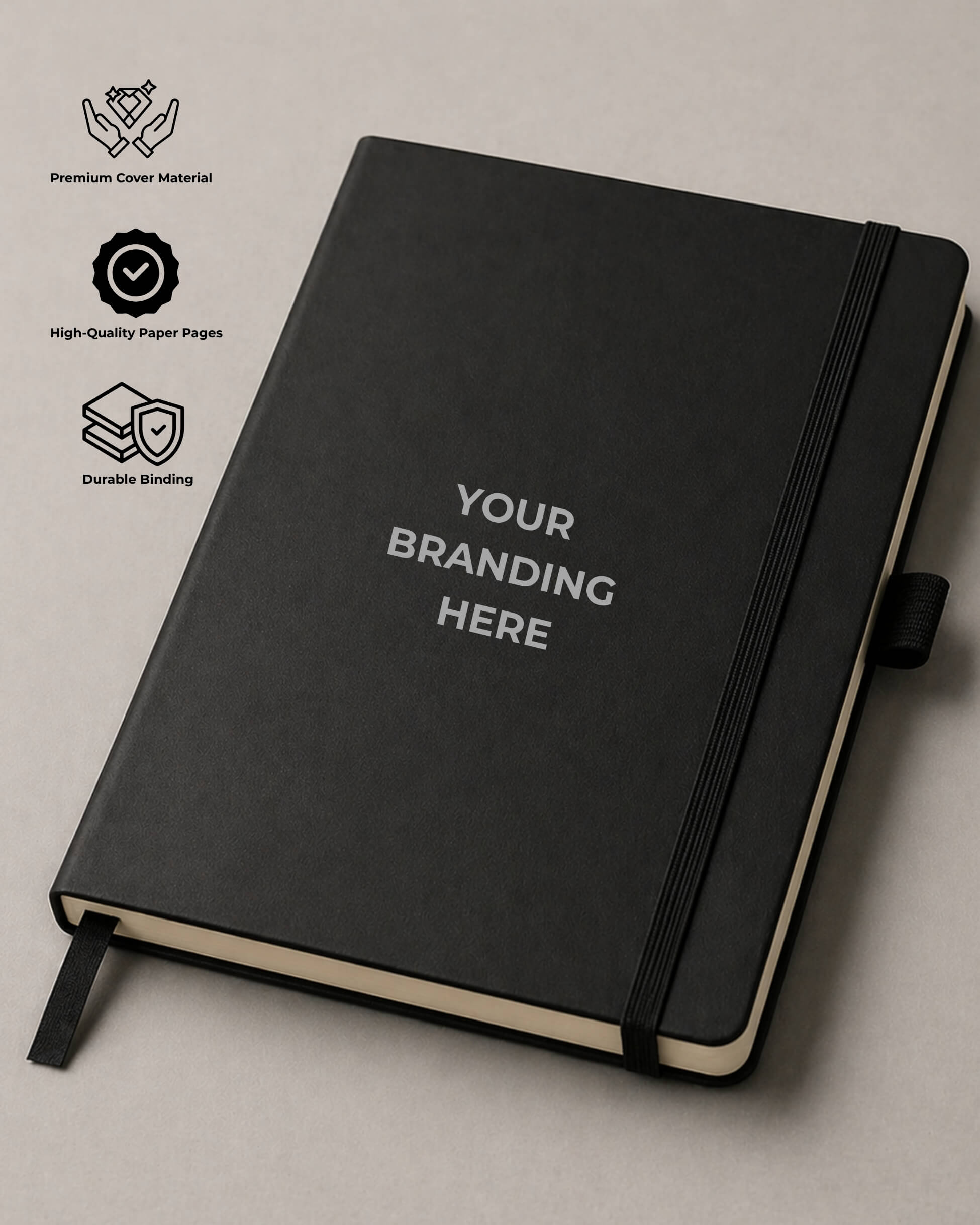 Black notebook with 'Your Branding Here' text on a light gray background