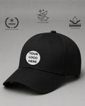 Black cap with customizable logo area on a gray background with brand icons.
