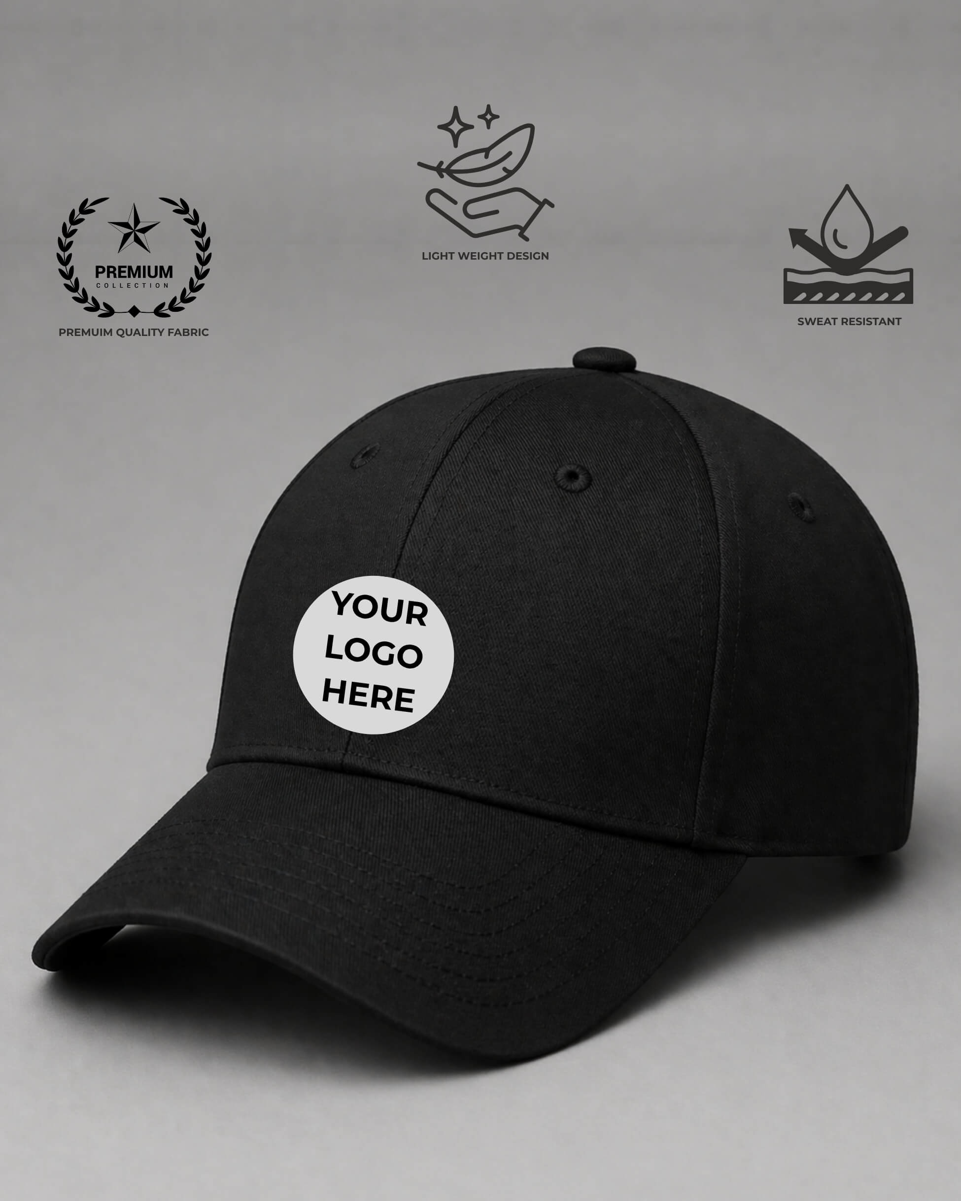 Black cap with customizable logo area on a gray background with brand icons.