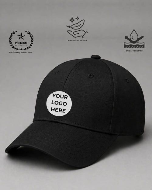 Black cap with customizable logo area on a gray background with brand icons.