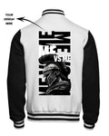 White and black varsity jacket with Spartan helmet design and text on the back