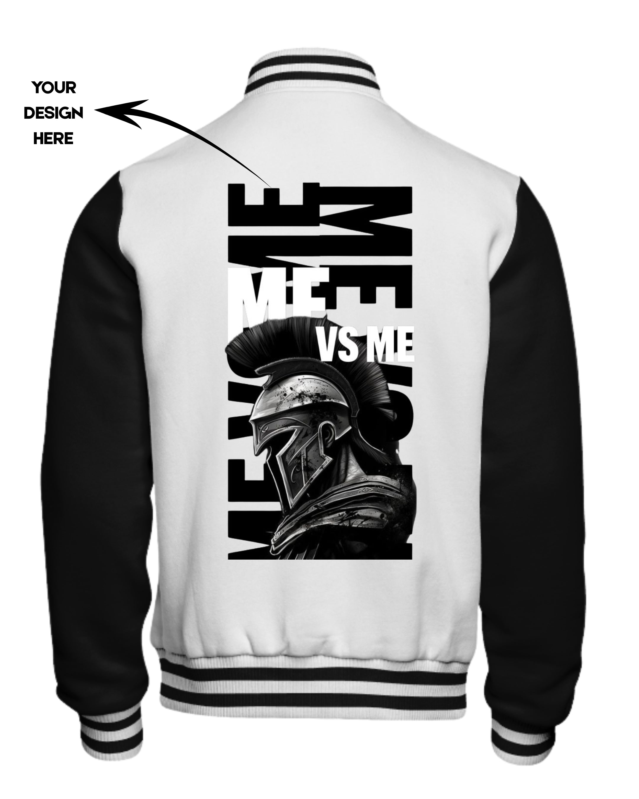 White and black varsity jacket with Spartan helmet design and text on the back